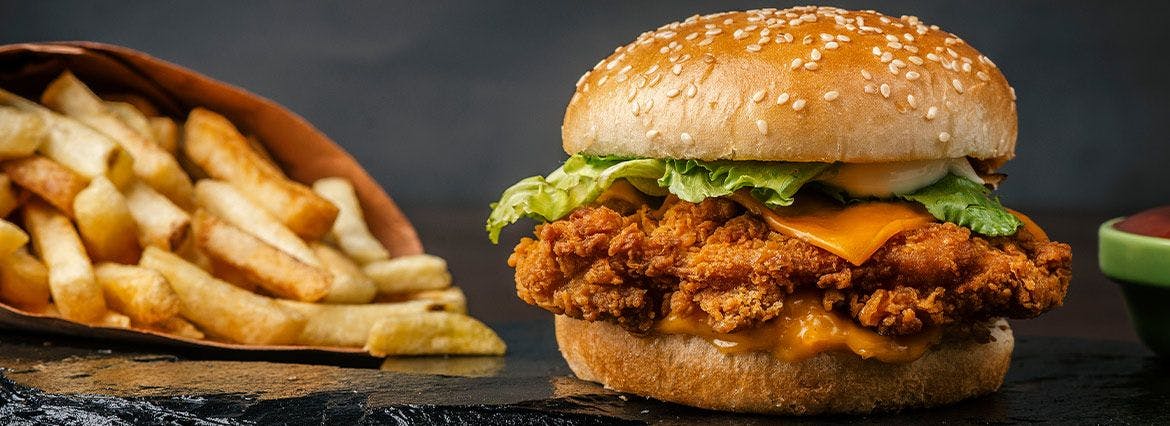 Order a delicious chicken burger & fries!