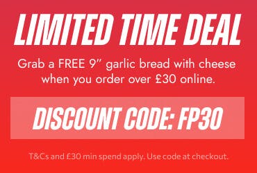 Free 9 inch garlic bread with cheese when you order from Fresh Pizza and Kebabs in Saltney