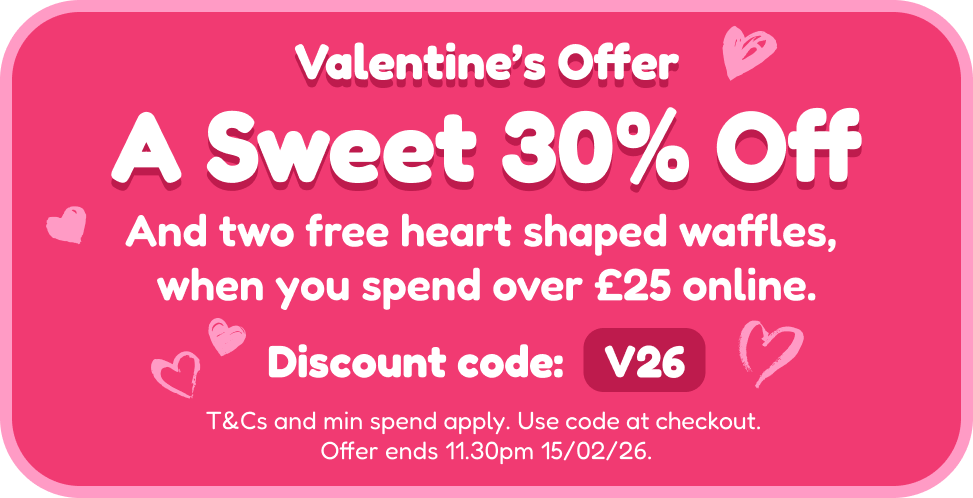 Spend £25 and get 30% off plus 2 heart waffles with code V26