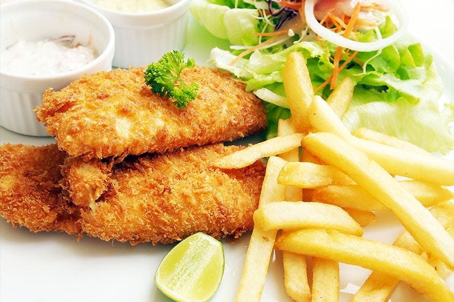 Cod and chips served with salad and coleslaw at Heavenly Fries Swindon