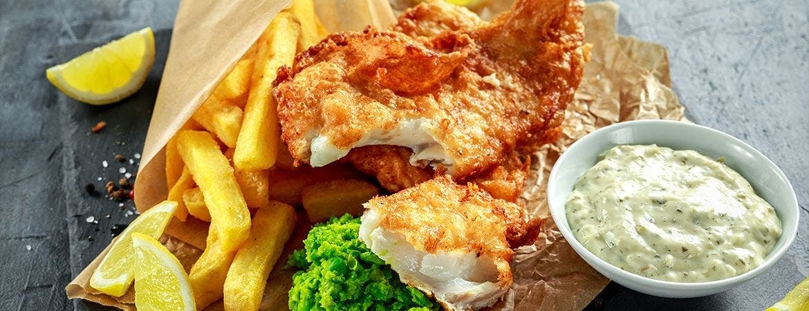 Classic cod and chips with tartar sauce at Heavenly Fries in Swindon