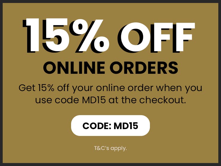 Get 15% off your online order with the code: MD15.