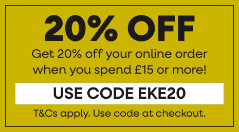 Get 20% off your online order when you spend £15 or more and use the code EKE20 at the checkout!