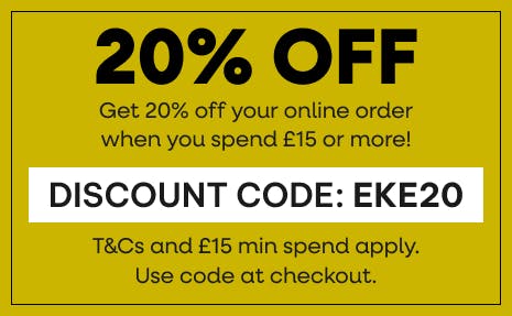 Get 20% off your online order when you spend £15 or more and use the code EKE20 at the checkout!