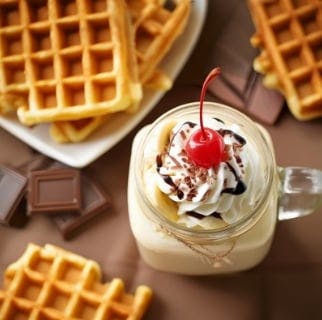 Waffles on a plate and a dairy milk milkshake with cream and a cherry on the top from Perico Dessert Box (Tipton)