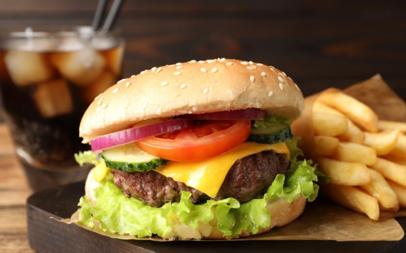 Tasty burger and chips available for online ordering at Finches Cafe