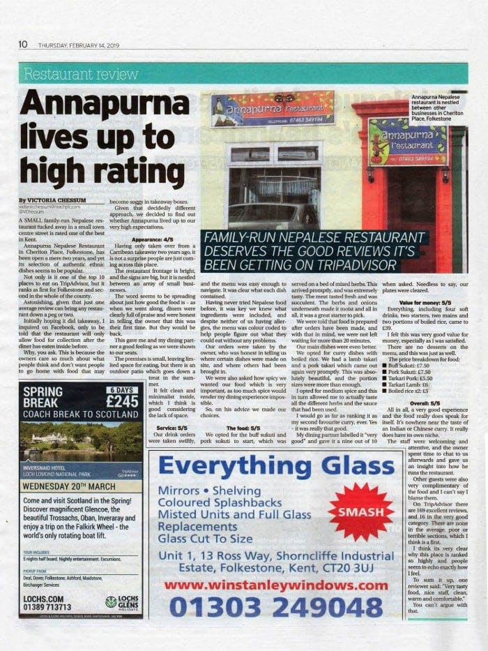 Local news article about Annapurna Restaurant in Folkestone