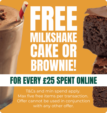 Get a free milkshake, cake or brownie when you spend £25! T&Cs apply. Get a free milkshake, cake or brownie when you spend £25! T&Cs apply.
