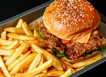 Burger and chips available from our Burger & Chicken Restaurant and Takeaway in Barking