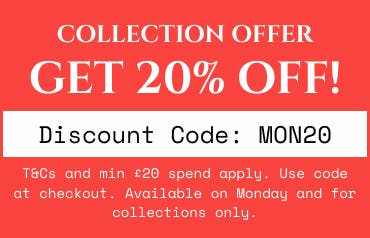 Get 20% off your collection order using the discount code at checkout on Monday! T&Cs apply.