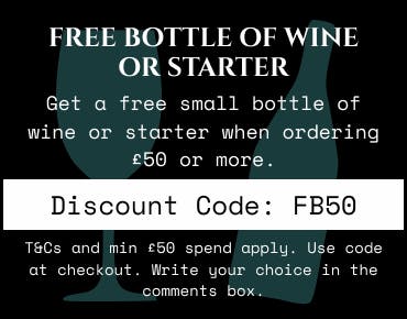 Get a free bottle of wine or a starter when spending £50 or more! T&Cs apply. Use code at checkout.