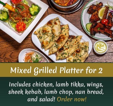 Chicken, lamn tikka, wings, sheek kebab, lamb chop, nan bread, and salad! Order now!