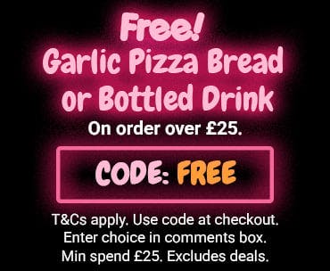 Free garlic pizza bread or bottled drink with code FREE