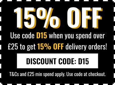 Enjoy a 15% discount on your delivery order using the code at the checkout! T&Cs apply.