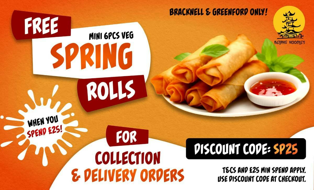 Get free spring rolls when using the discount code at the checkout! T&Cs and min spend apply.
