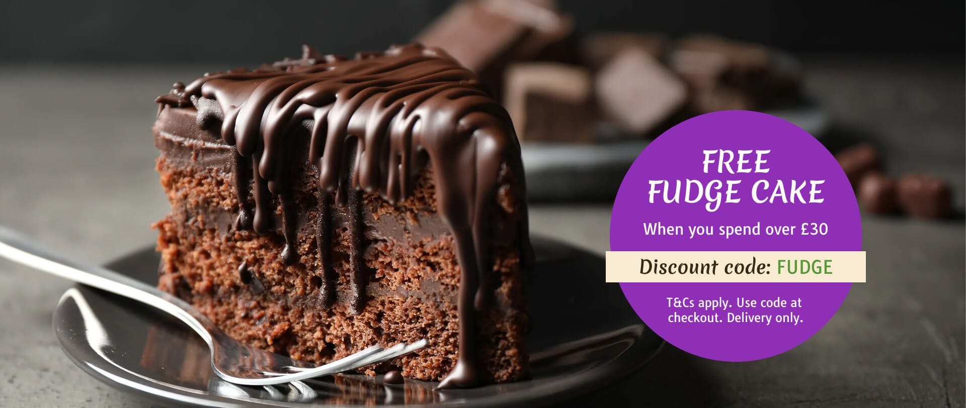 Enjoy free fudge cake with our discount code
