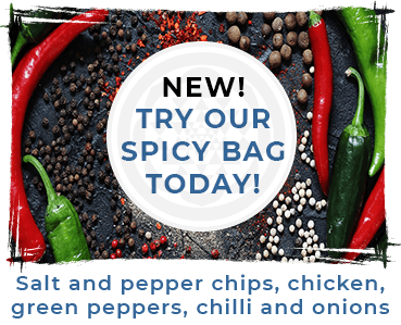 Our new spicy bag includes Salt and pepper chips, chicken, green peppers, chilli and onions for just £7.50! Order today!