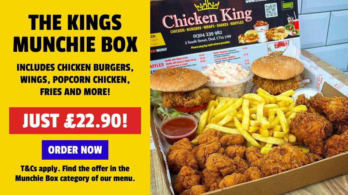 Order online, save big and tuck into our brand new Kings Munchie Box! Find the offer in the Munchie Box category of our menu.