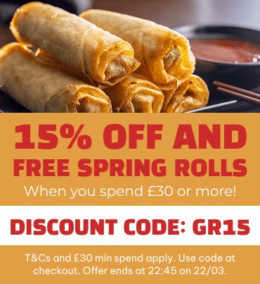 Get 15% off and a portion of free spring rolls when you spend £30 or more. T&Cs apply. Use code at checkout.