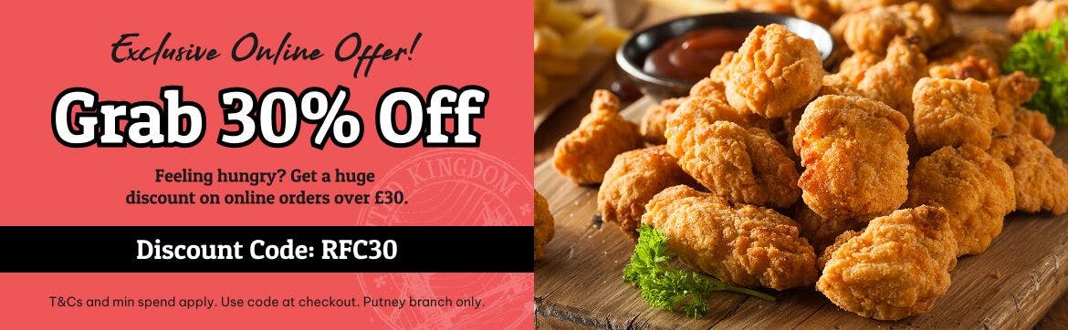 Save 30% on your online delivery order from RFC Chicken and Ribs (Putney) with code RFC30