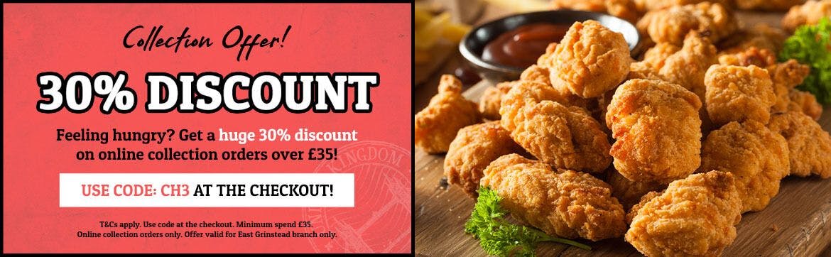 Save 30% on your online order from RFC Chicken and Ribs (East Grinstead) with code CH3