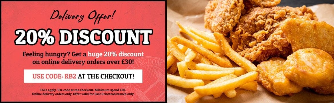 Save 20% on your online delivery order from RFC Chicken and Ribs (East Grinstead) with code RB2