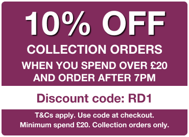 10% off collection orders with code RD1. Use code at checkout, minimum spend £20. T&Cs apply.